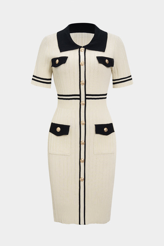 Knit Contrast Lapel Button Short Sleeve Dress