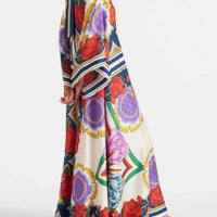 Exquisite Floral Print Draped Waterfall Sleeves Maxi Dress