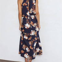 Halter Neck Floral Elastic Waist Maxi Dress