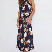Halter Neck Floral Elastic Waist Maxi Dress