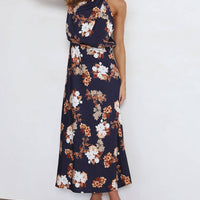 Halter Neck Floral Elastic Waist Maxi Dress