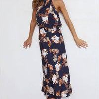 Halter Neck Floral Elastic Waist Maxi Dress