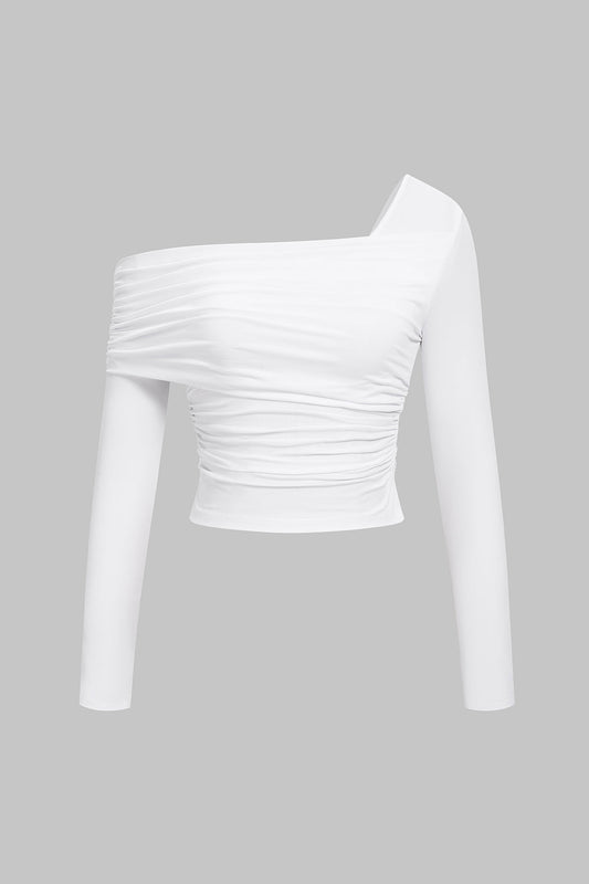 One Shoulder Ruched Asymmetrical Long-Sleeve Top