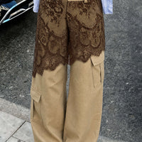 Lace Trim Patchwork Asymmetrical High Waist Wide Leg Pants