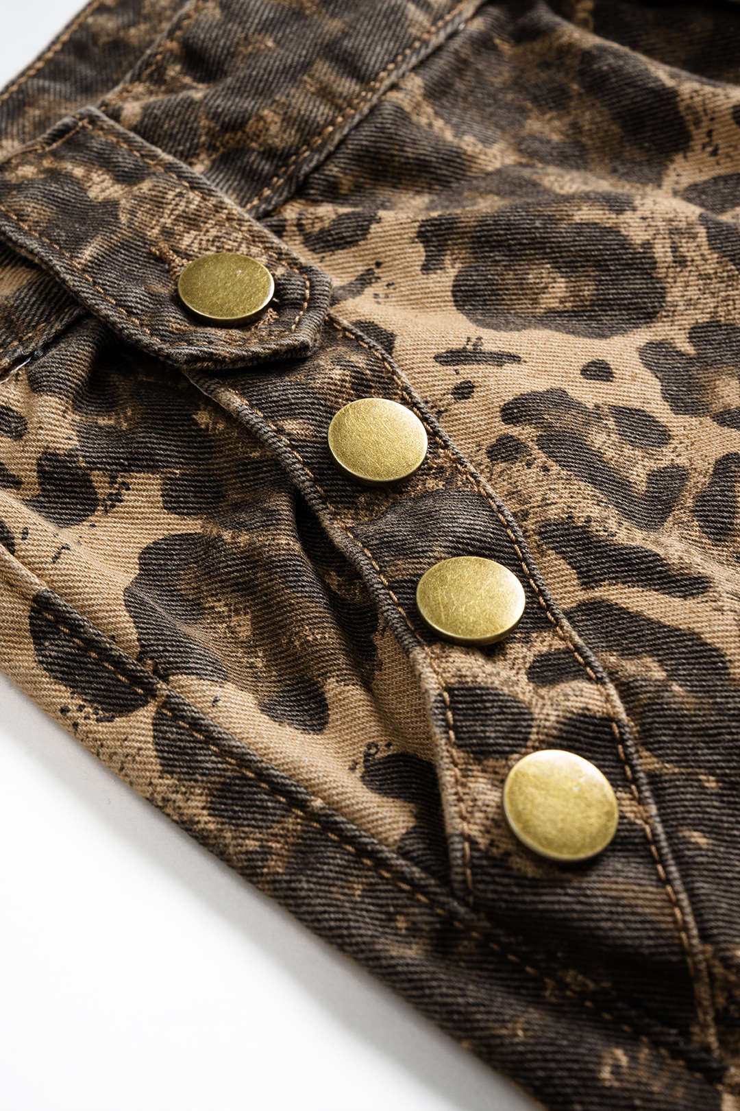 Leopard Print Denim Zipper Wide Leg Trousers