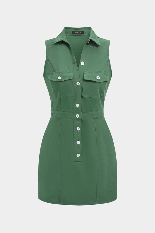 Button Pocket Sleeveless Mini Dress