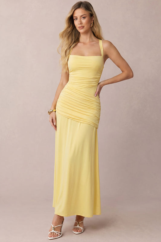 Mesh Patchwork Ruched Tie Back Crossed Sleeveless Maxi Dress