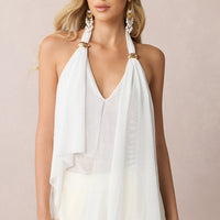 Mesh Halter V-Neck Asymmetrical Backless Ruched Cami Top