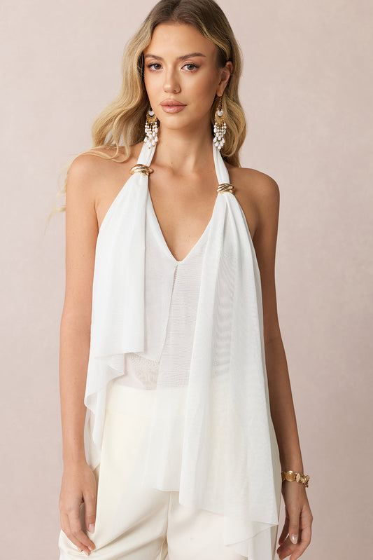 Mesh Halter V-Neck Asymmetrical Backless Ruched Cami Top