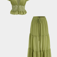 Chiffon Patchwork Lace V-Neck Ruched Top And Tie-Up Skirt Set