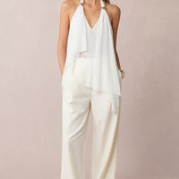 Mesh Halter V-Neck Asymmetrical Backless Ruched Cami Top