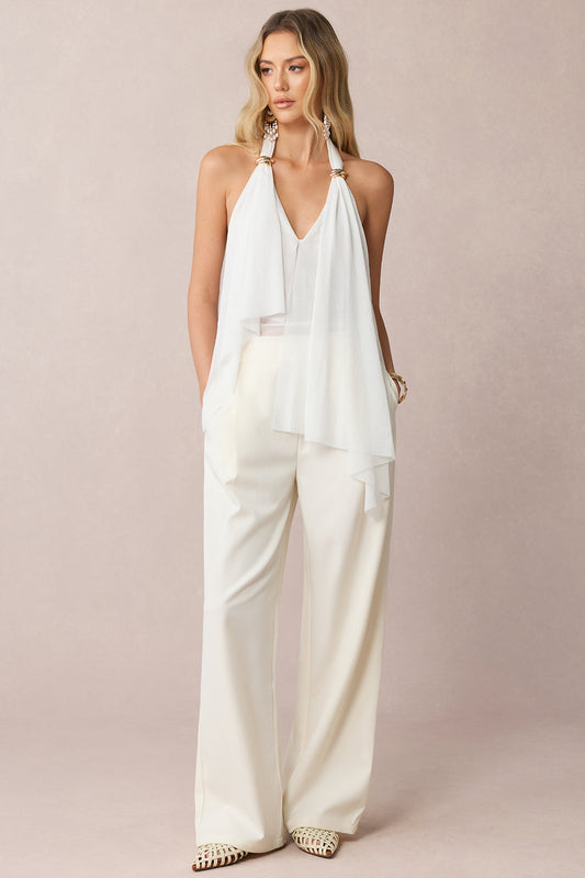 Mesh Halter V-Neck Asymmetrical Backless Ruched Cami Top