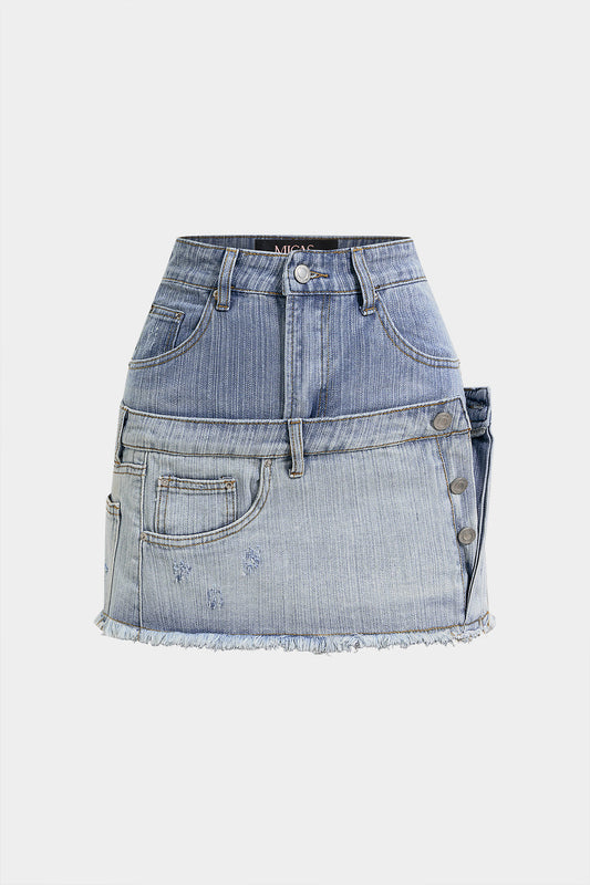 Denim Contrast Asymmetrical High Waist A-Line Skirt