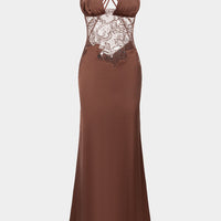 Stain Patchwork Sheer Lace V-Neck Crosssed Backless Maxi Dress