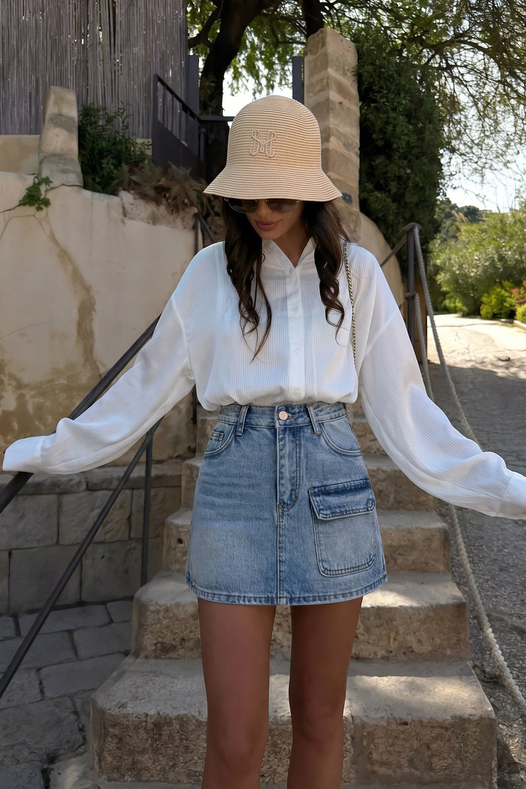 Denim High Waist Pocket Wide Leg Skirt