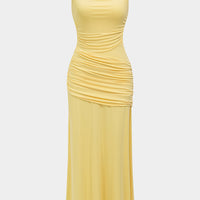 Mesh Patchwork Ruched Tie Back Crossed Sleeveless Maxi Dress