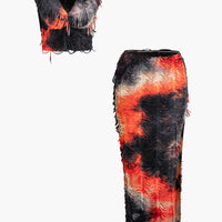 Distressed V-Neck Crop Top And High Slit Maxi Skirt Set