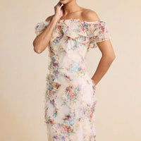 Floral Print Chiffon Patchwork Mesh Off Shoulder Ruffle Sleeveless Maxi Dress