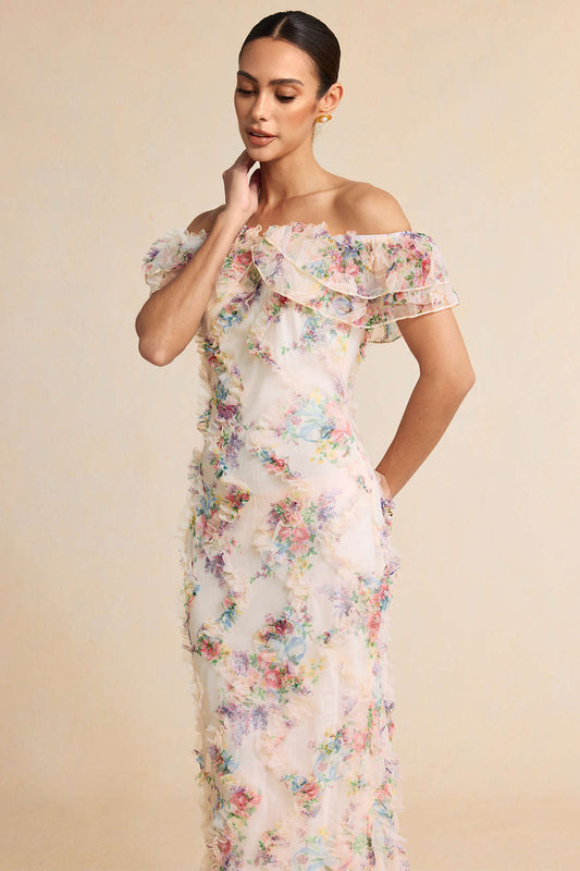 Floral Print Chiffon Patchwork Mesh Off Shoulder Ruffle Sleeveless Maxi Dress