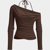 Lace Patchwork Halter Neck Tie-Up Asymmetrical Long-Sleeve Top