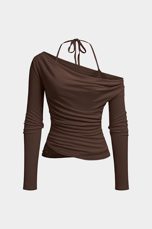 Lace Patchwork Halter Neck Tie-Up Asymmetrical Long-Sleeve Top