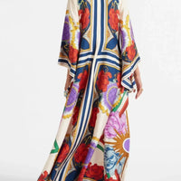 Exquisite Floral Print Draped Waterfall Sleeves Maxi Dress