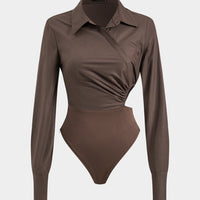Asymmetrical Patchwork Cut Out Ruched Long Sleeve Bodysuit