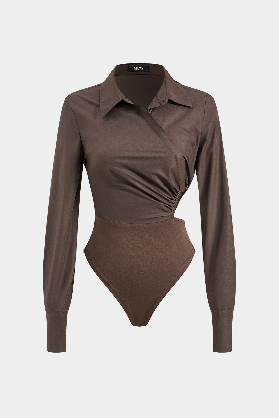 Asymmetrical Patchwork Cut Out Ruched Long Sleeve Bodysuit