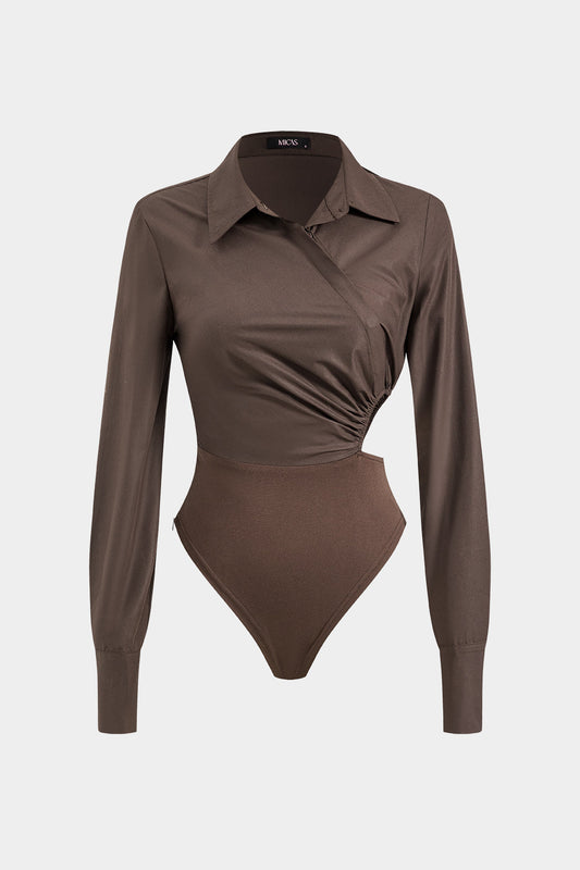Asymmetrical Patchwork Cut Out Ruched Long Sleeve Bodysuit
