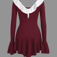 Contrast Ruffle Neck Bell Sleeve Tie Front Mini Dress