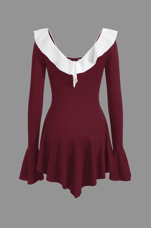 Contrast Ruffle Neck Bell Sleeve Tie Front Mini Dress