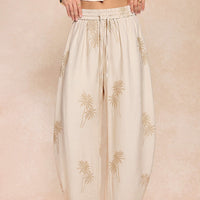 Embroidery Drawstring Wide Leg Pants