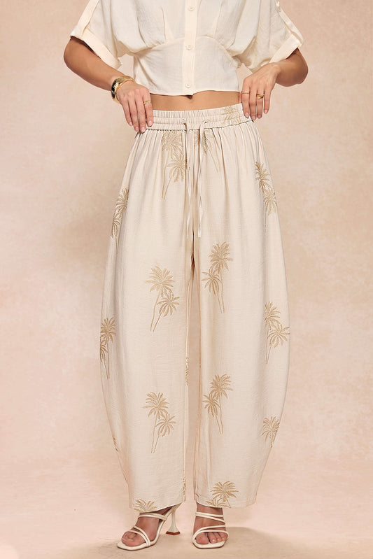 Embroidery Drawstring Wide Leg Pants