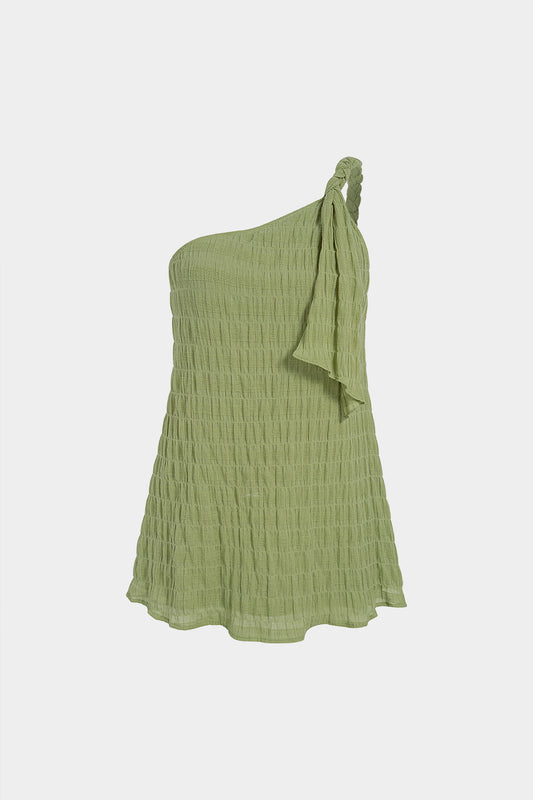 Textured One Shoulder Twist Knot Mini Dress
