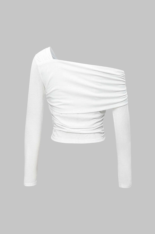 One Shoulder Ruched Asymmetrical Long-Sleeve Top