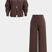 Knit Zipper Hooded Sweater Caedigan And Wide Leg Pants Set