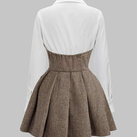 Houndstooth Print Patchwork Pleated High Waist Long-Sleeve Mini Dress