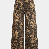 Leopard Print Denim Zipper Wide Leg Trousers