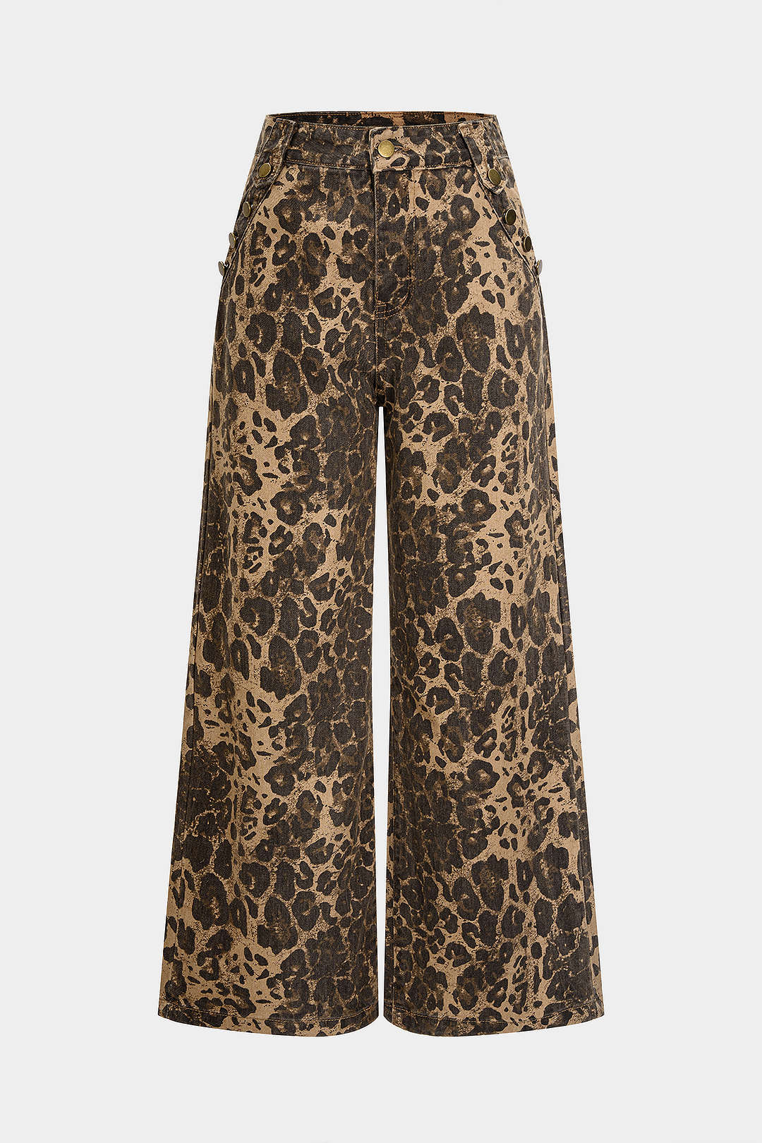 Leopard Print Denim Zipper Wide Leg Trousers