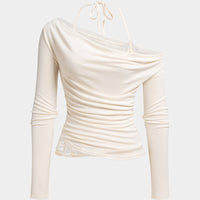 Lace Patchwork Halter Neck Tie-Up Asymmetrical Long-Sleeve Top