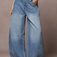 Denim Button Pocket Wide Leg Jeans
