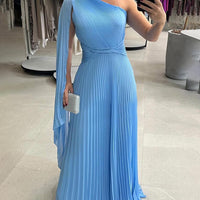 Elegant Flowing Pleated Off-the-Shoulder Maxi Dress