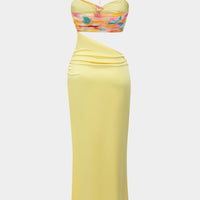 Ombre Print Chiffon Satin Sleeveless Halter Neck Slip Patchwork Maxi Dress