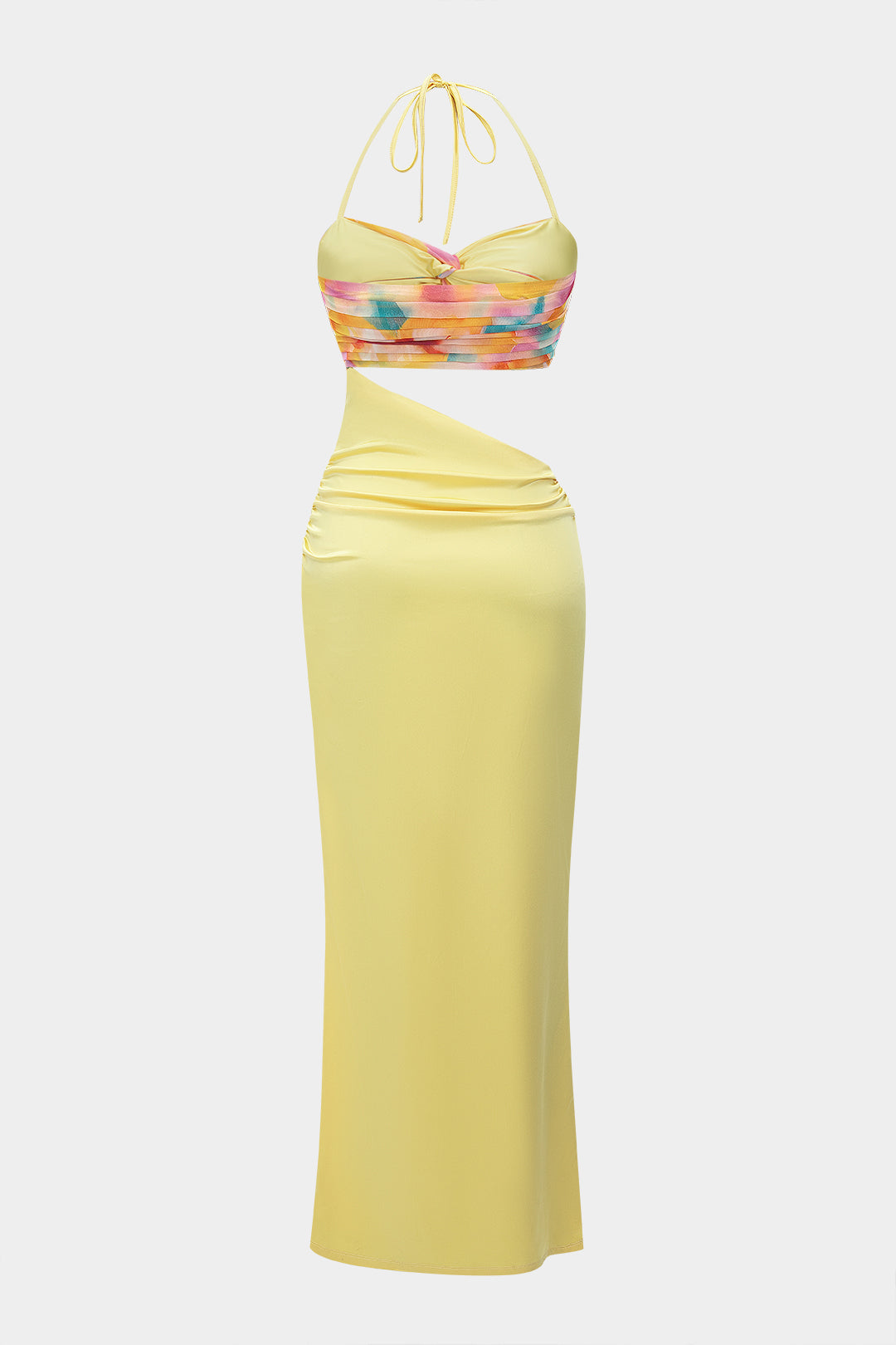 Ombre Print Chiffon Satin Sleeveless Halter Neck Slip Patchwork Maxi Dress