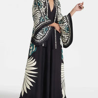 Elegance Floral Print Waterfall Sleeves Maxi Dress