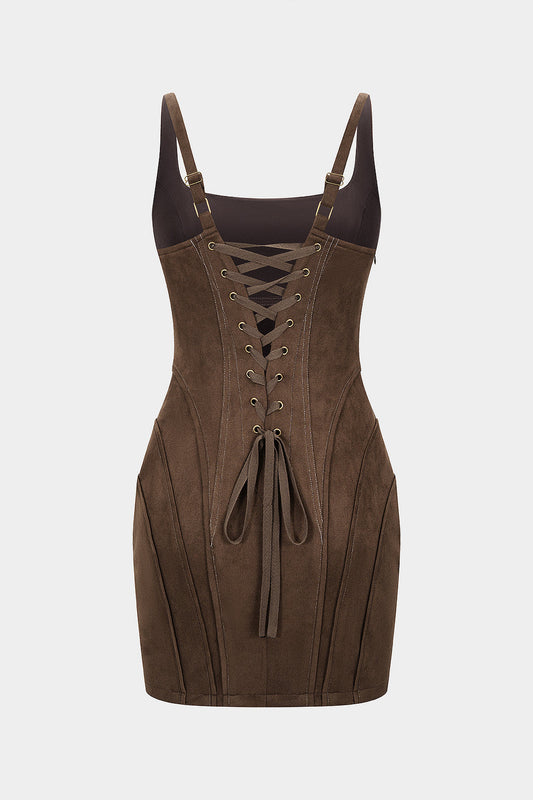 Suede Square Neck Tie Back Sleeveless Mini Dress