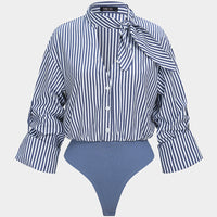 Stripes Print Button Patchwork Knotted Long Sleeve Bodysuit