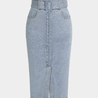 Denim Belted Button High Waist Skirt