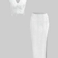 Distressed V-Neck Crop Top And High Slit Maxi Skirt Set