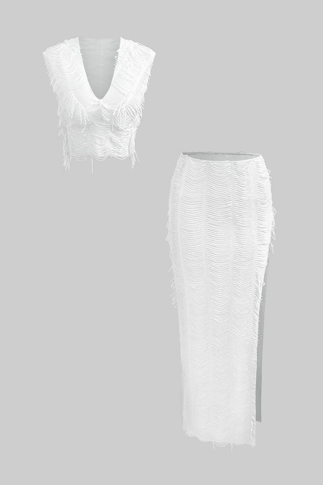 Distressed V-Neck Crop Top And High Slit Maxi Skirt Set